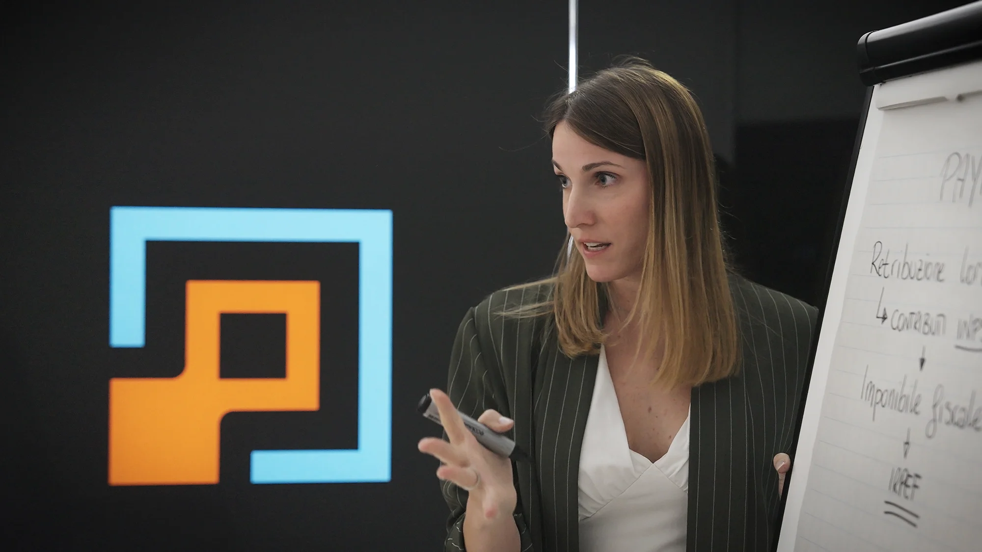 Personale che spiega alla lavagna verticale durante un corso di formazione rispondendo alle domande frequenti faq per i privati bgf group società di hr advisor a noale venezia - BGF Group